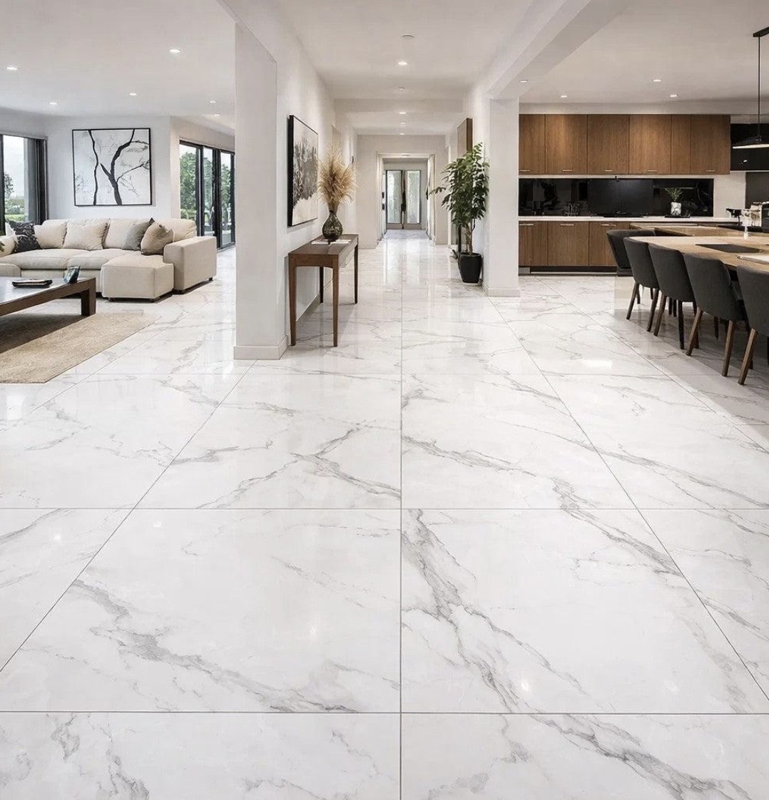Finished porcelain floor tiling installation
